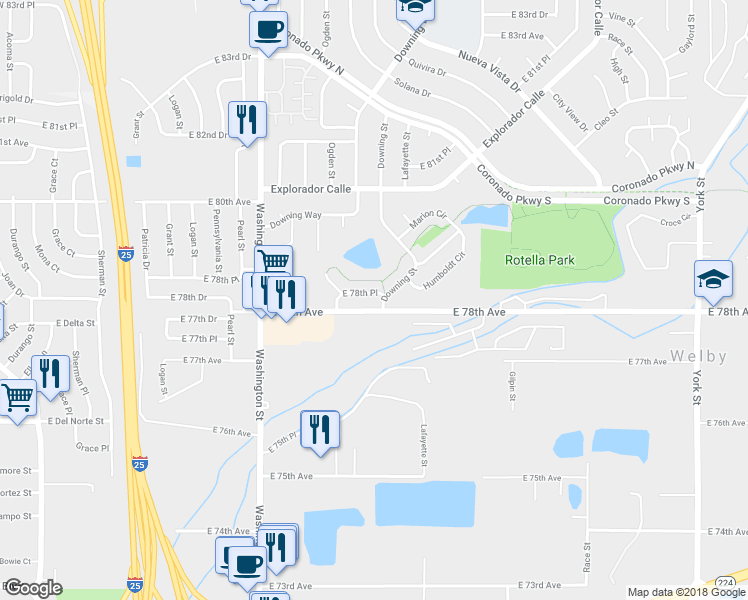 map of restaurants, bars, coffee shops, grocery stores, and more near 1120 East 78th Place in Thornton