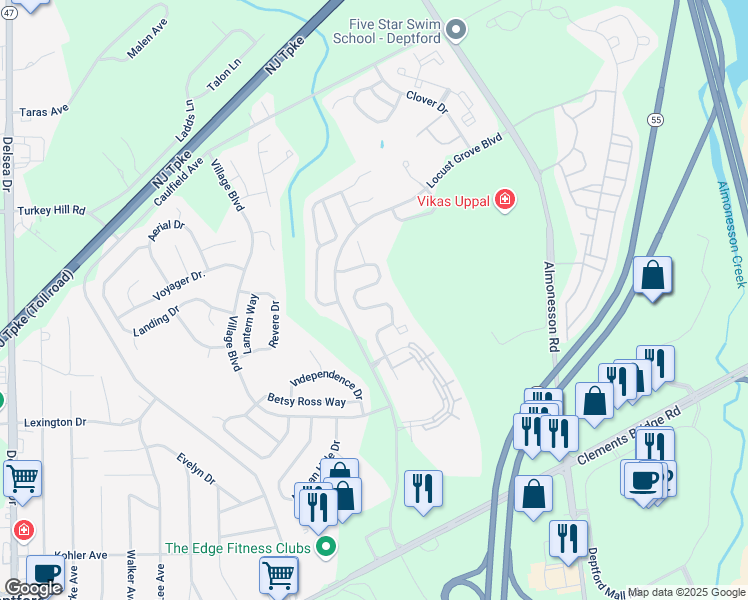 map of restaurants, bars, coffee shops, grocery stores, and more near 203 Chancellor Drive in Deptford Township