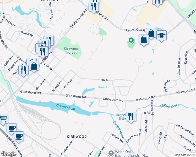 map of restaurants, bars, coffee shops, grocery stores, and more near 3018 5th Street in Voorhees Township
