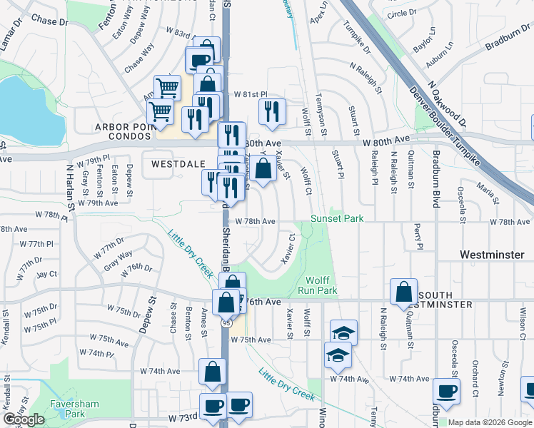 map of restaurants, bars, coffee shops, grocery stores, and more near 7810 Zenobia Court in Westminster