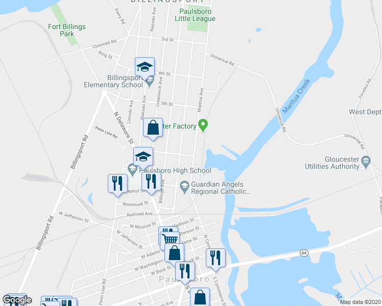 map of restaurants, bars, coffee shops, grocery stores, and more near 584 Mantua Avenue in Paulsboro