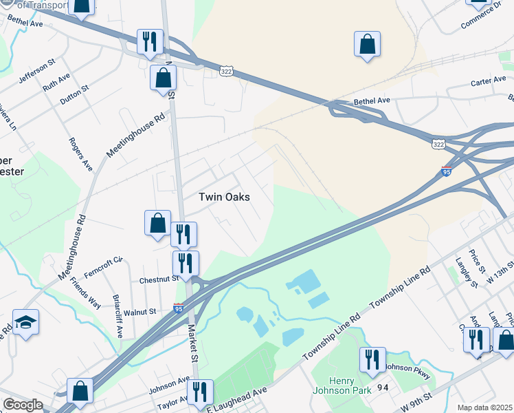 map of restaurants, bars, coffee shops, grocery stores, and more near 2363 Douglas Street in Upper Chichester