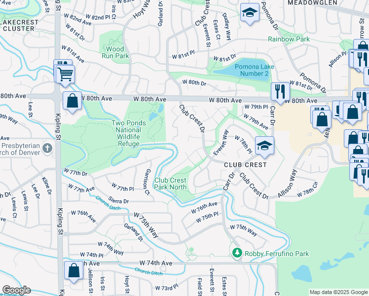 map of restaurants, bars, coffee shops, grocery stores, and more near 9027 W 77th Pl in Arvada