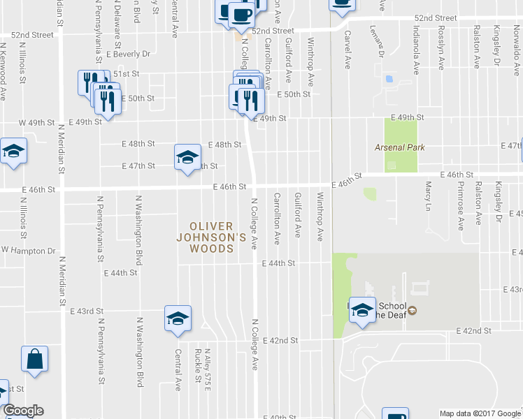 map of restaurants, bars, coffee shops, grocery stores, and more near 4529 North College Avenue in Indianapolis