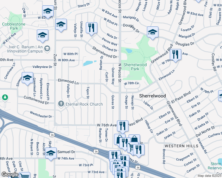 map of restaurants, bars, coffee shops, grocery stores, and more near 1725 Elmwood Lane in Denver