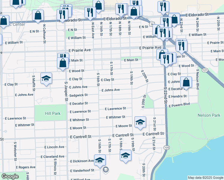 map of restaurants, bars, coffee shops, grocery stores, and more near 1701 East Johns Avenue in Decatur