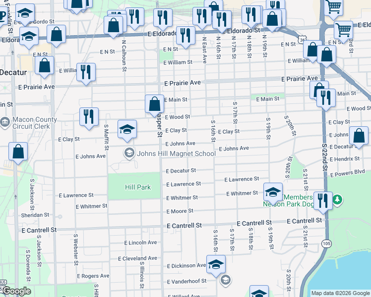 map of restaurants, bars, coffee shops, grocery stores, and more near 407 South Stone Street in Decatur