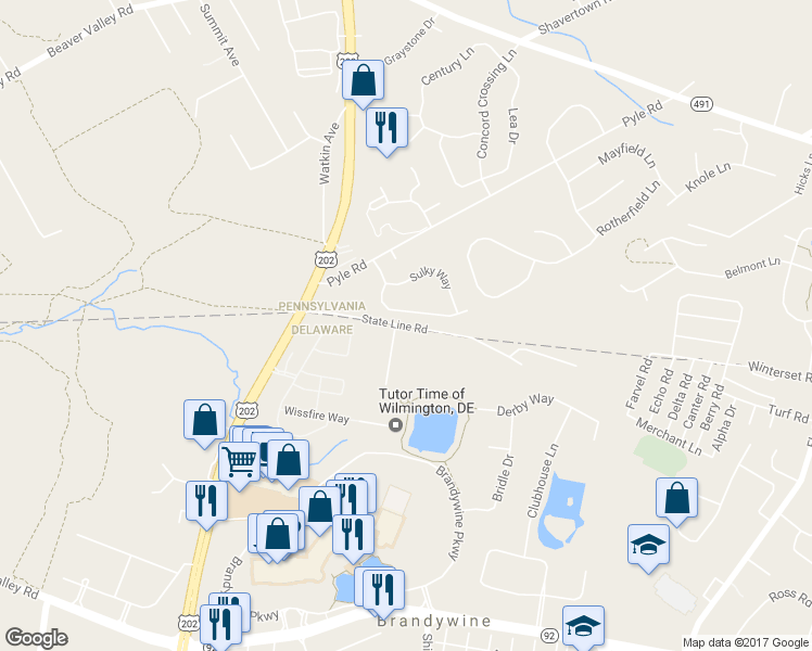 map of restaurants, bars, coffee shops, grocery stores, and more near 139 State Line Road in Wilmington