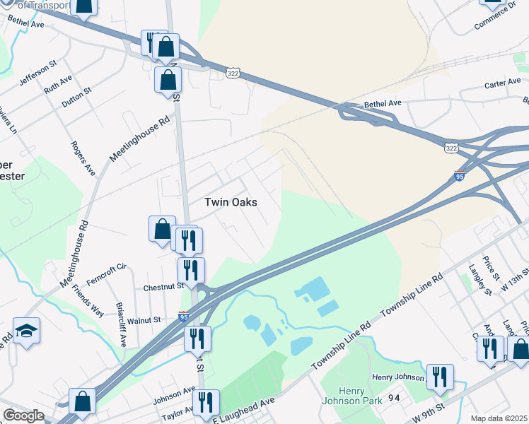 map of restaurants, bars, coffee shops, grocery stores, and more near 2363 Douglas Street in Upper Chichester