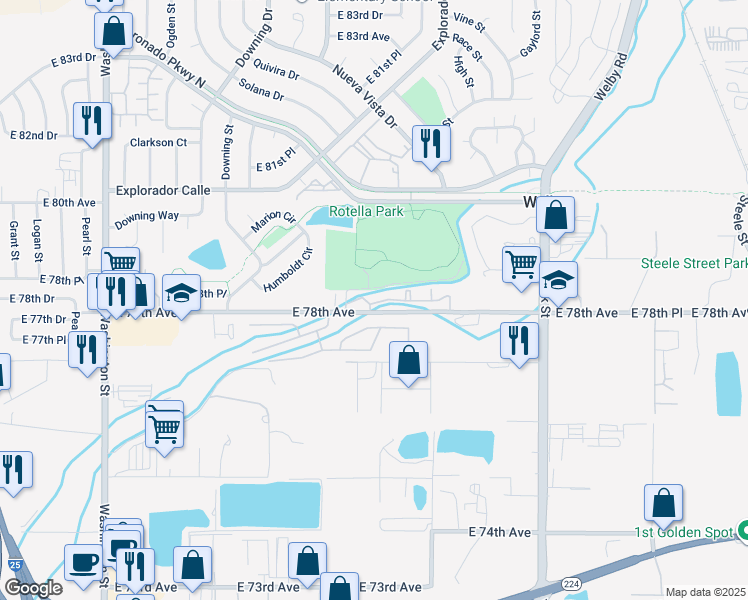 map of restaurants, bars, coffee shops, grocery stores, and more near 1805 East 78th Avenue in Denver