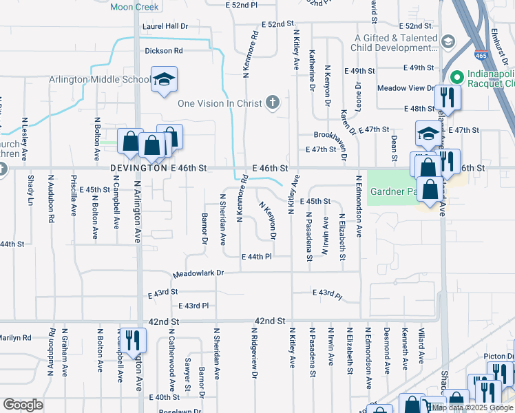map of restaurants, bars, coffee shops, grocery stores, and more near 4456 North Kenyon Drive in Indianapolis