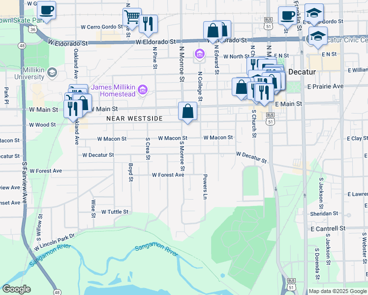 map of restaurants, bars, coffee shops, grocery stores, and more near 340 South Monroe Street in Decatur