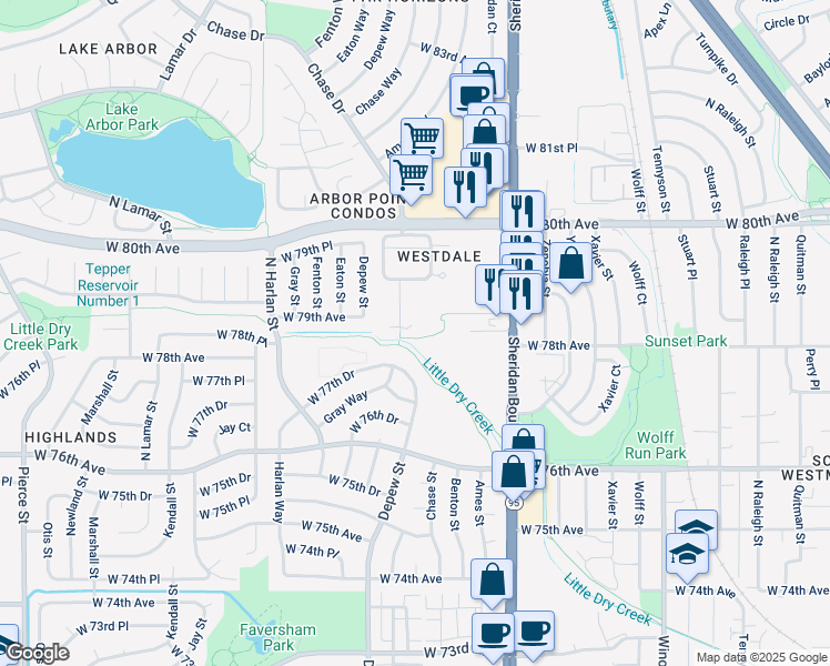 map of restaurants, bars, coffee shops, grocery stores, and more near 7904 Chase Circle in Arvada