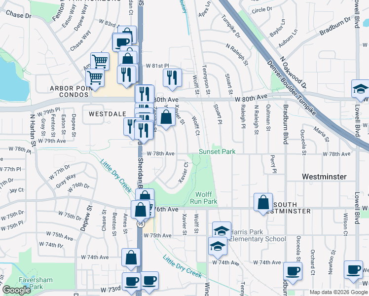 map of restaurants, bars, coffee shops, grocery stores, and more near 7811 Xavier Street in Westminster