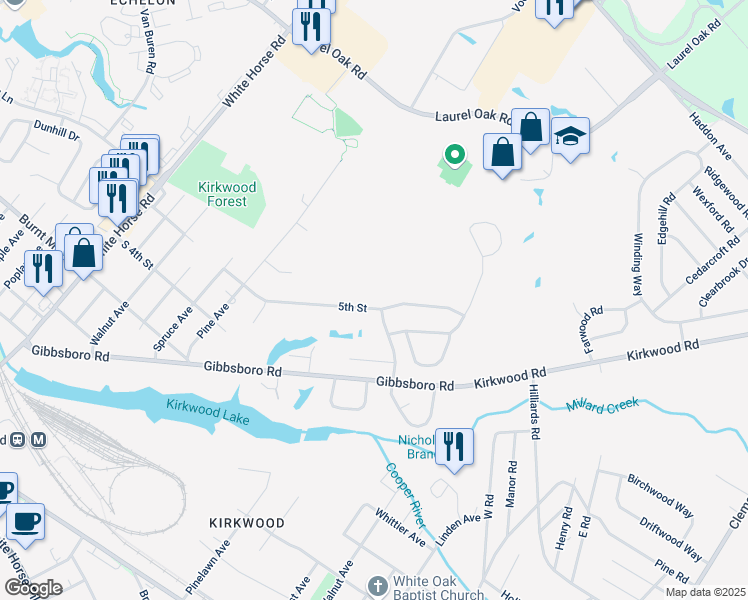 map of restaurants, bars, coffee shops, grocery stores, and more near 3022 5th Street in Voorhees Township