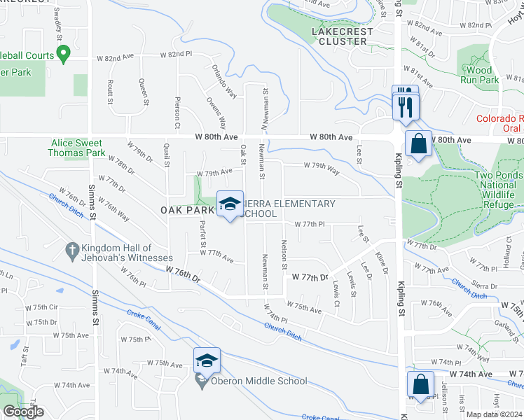 map of restaurants, bars, coffee shops, grocery stores, and more near 10710 West 78th Avenue in Arvada