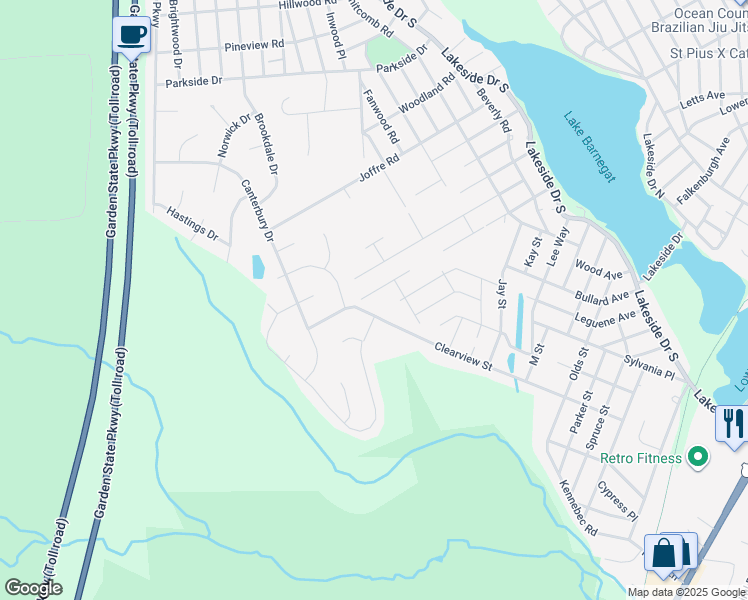 map of restaurants, bars, coffee shops, grocery stores, and more near 1488 Clearview Street in Lacey Township
