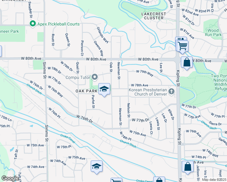 map of restaurants, bars, coffee shops, grocery stores, and more near 10710 West 78th Avenue in Arvada