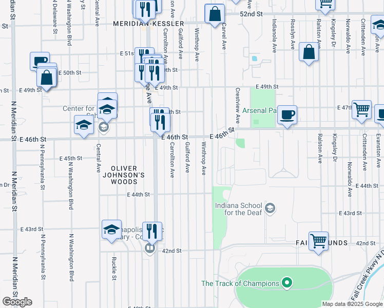 map of restaurants, bars, coffee shops, grocery stores, and more near 4525 Guilford Avenue in Indianapolis