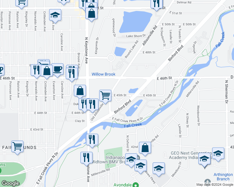 map of restaurants, bars, coffee shops, grocery stores, and more near 2618 East 45th Street in Indianapolis