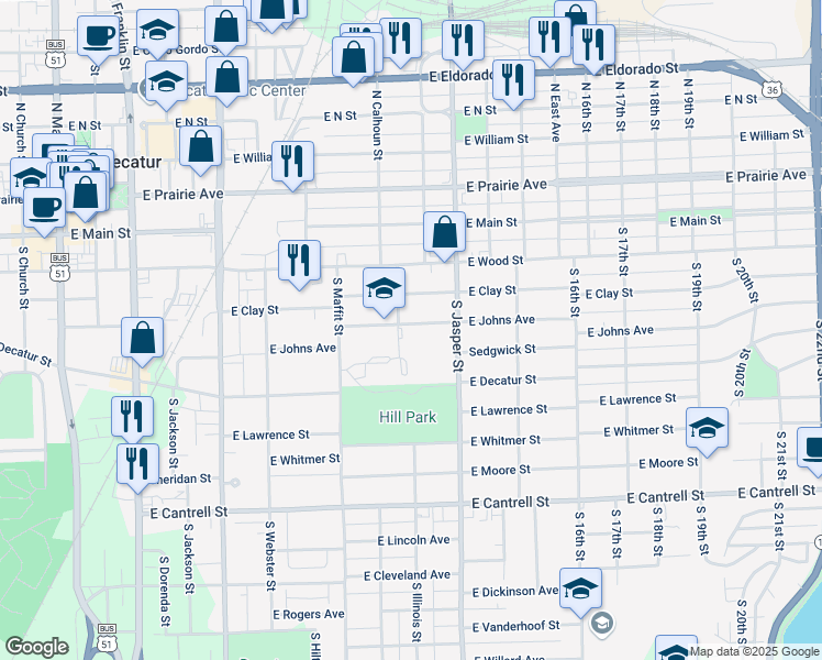 map of restaurants, bars, coffee shops, grocery stores, and more near 1065 East Johns Avenue in Decatur