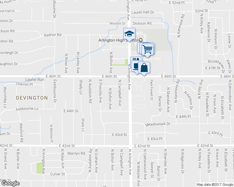 map of restaurants, bars, coffee shops, grocery stores, and more near 4458 North Campbell Avenue in Indianapolis