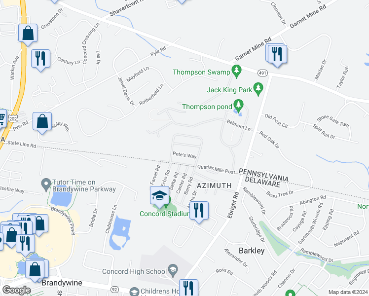 map of restaurants, bars, coffee shops, grocery stores, and more near 226 Horseshoe Drive in Garnet Valley