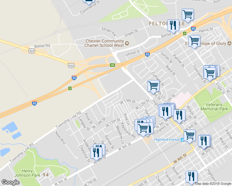 map of restaurants, bars, coffee shops, grocery stores, and more near 3301 Township Line Road in Chester