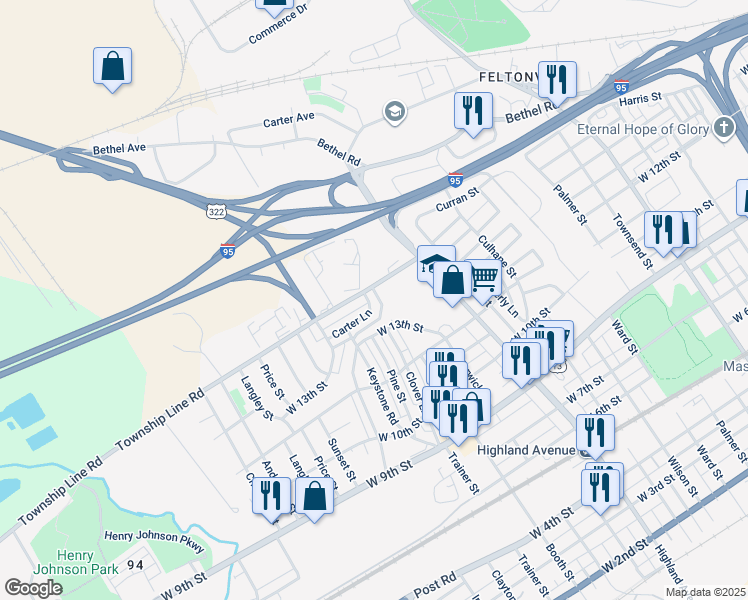 map of restaurants, bars, coffee shops, grocery stores, and more near 3313 Carter Lane in Chester
