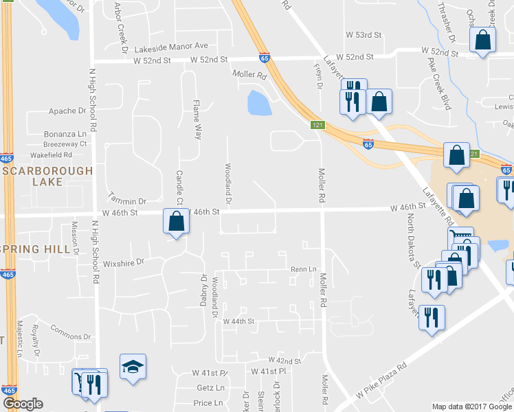 map of restaurants, bars, coffee shops, grocery stores, and more near 5630 West 46th Street in Indianapolis