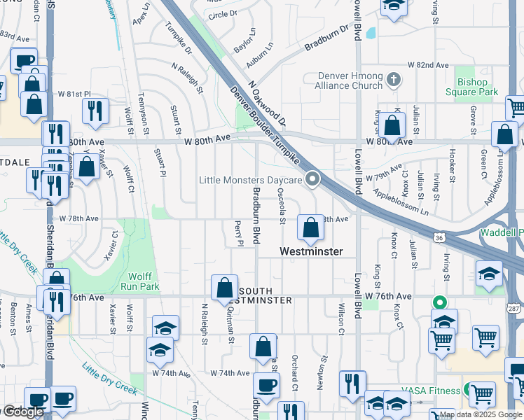 map of restaurants, bars, coffee shops, grocery stores, and more near 7820 Bradburn Boulevard in Westminster