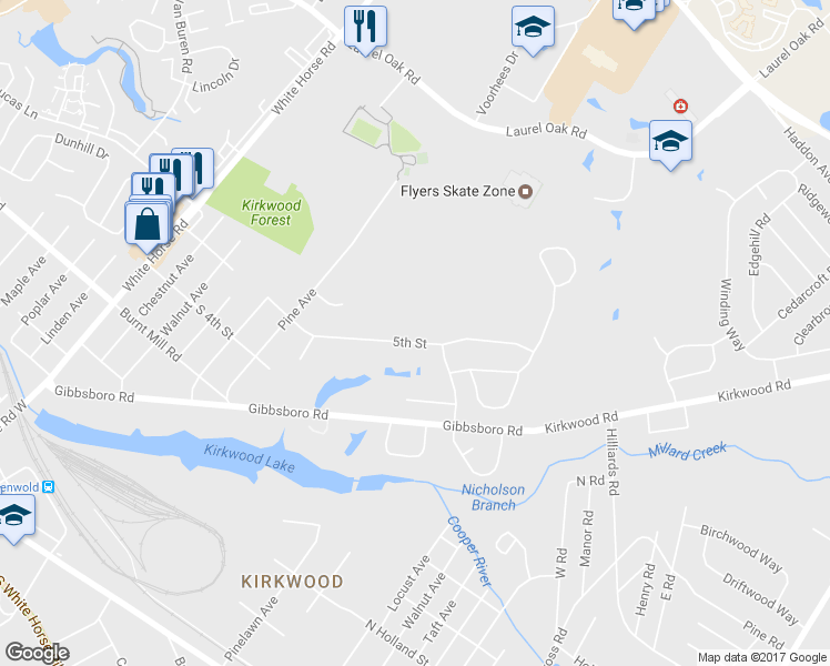 map of restaurants, bars, coffee shops, grocery stores, and more near 3022 5th Street in Voorhees Township