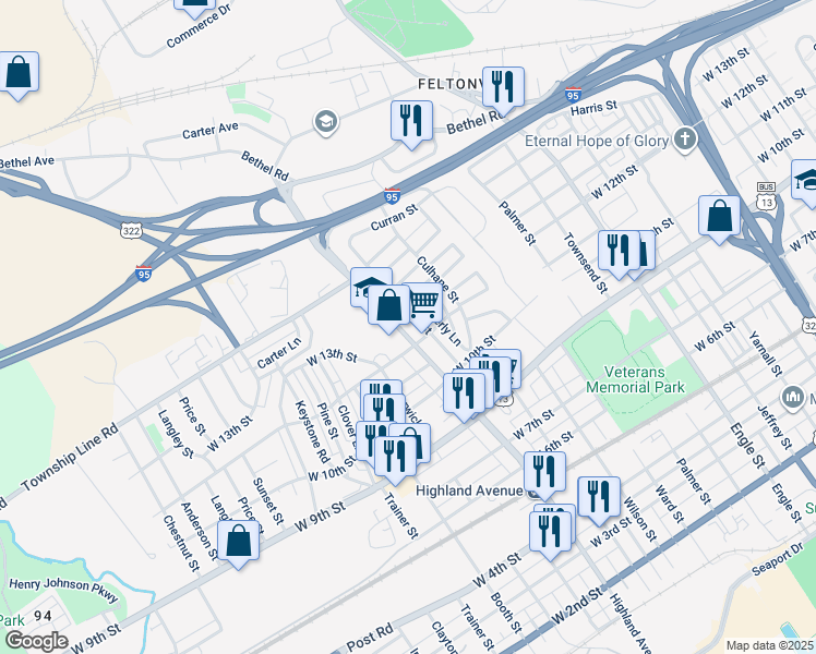 map of restaurants, bars, coffee shops, grocery stores, and more near 1209 Highland Avenue in Chester
