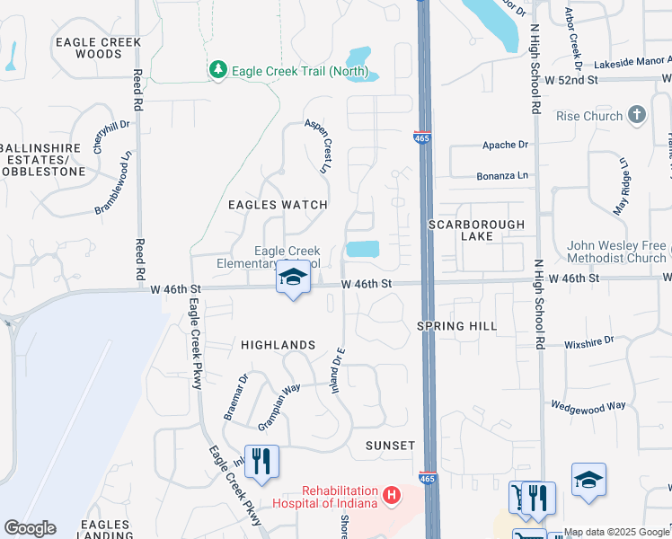 map of restaurants, bars, coffee shops, grocery stores, and more near 4615 Owls Nest Place in Indianapolis