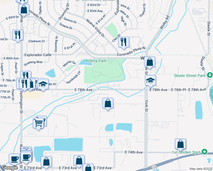 map of restaurants, bars, coffee shops, grocery stores, and more near 1961 East 78th Avenue in Denver
