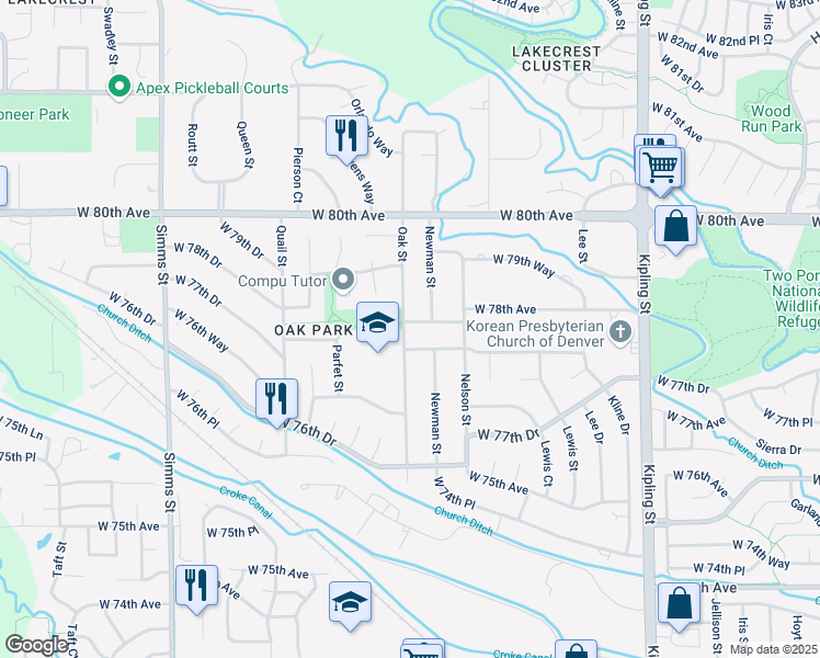 map of restaurants, bars, coffee shops, grocery stores, and more near 10710 West 78th Avenue in Arvada