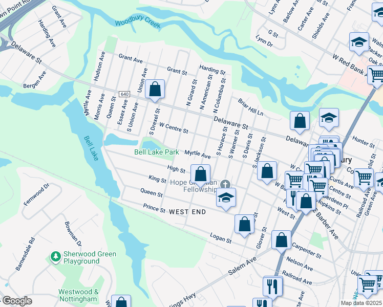 map of restaurants, bars, coffee shops, grocery stores, and more near 431 Myrtle Avenue in Woodbury