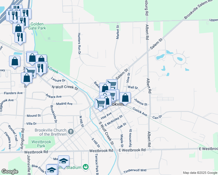 map of restaurants, bars, coffee shops, grocery stores, and more near 434 Salem Street in Brookville