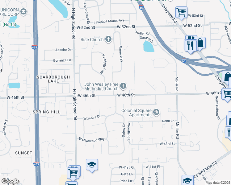 map of restaurants, bars, coffee shops, grocery stores, and more near 5930 West 46th Street in Indianapolis