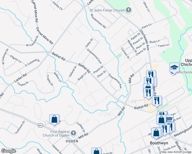 map of restaurants, bars, coffee shops, grocery stores, and more near 1841 Plum Street in Boothwyn