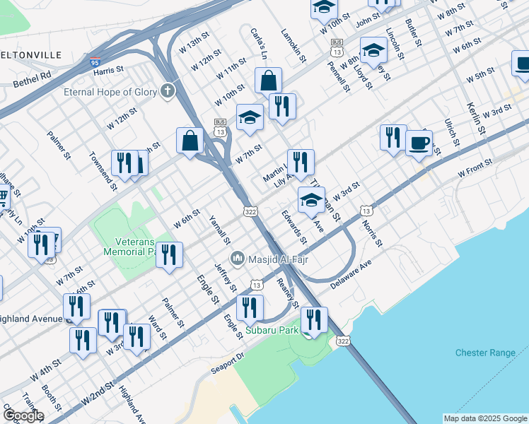 map of restaurants, bars, coffee shops, grocery stores, and more near 411 Flower Street in Chester