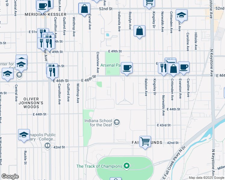 map of restaurants, bars, coffee shops, grocery stores, and more near 4455 Indianola Avenue in Indianapolis