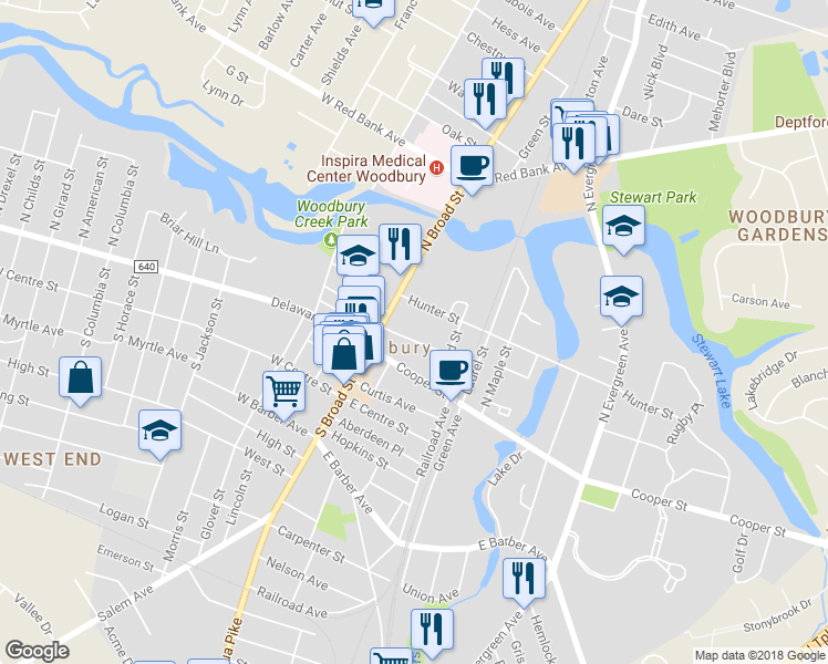 map of restaurants, bars, coffee shops, grocery stores, and more near 30 Newton Ave in Woodbury