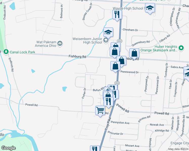 map of restaurants, bars, coffee shops, grocery stores, and more near 5818 Fisher Drive in Dayton