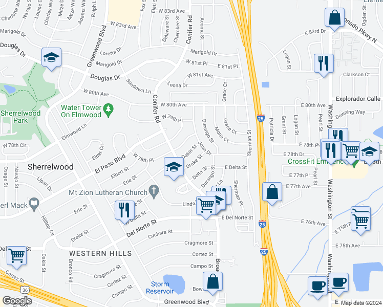 map of restaurants, bars, coffee shops, grocery stores, and more near 180 Dakin Street in Denver