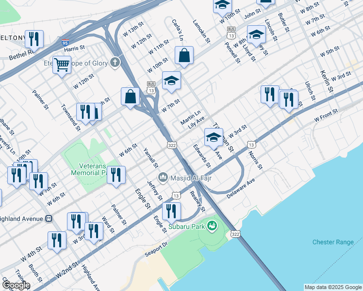 map of restaurants, bars, coffee shops, grocery stores, and more near 411 Flower Street in Chester