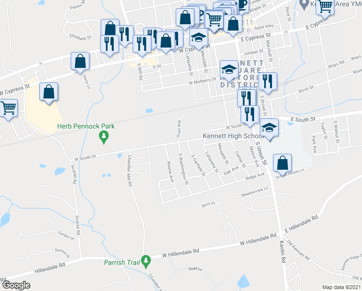 map of restaurants, bars, coffee shops, grocery stores, and more near 504 West South Street in Kennett Square
