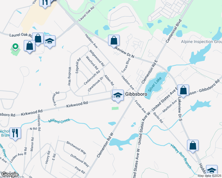 map of restaurants, bars, coffee shops, grocery stores, and more near 1 Alden Road in Gibbsboro