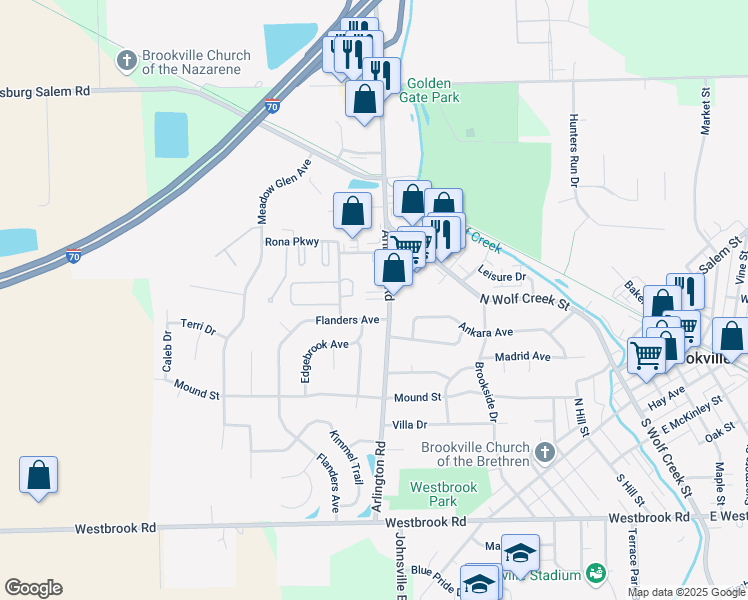 map of restaurants, bars, coffee shops, grocery stores, and more near 425 Arlington Rd in Brookville