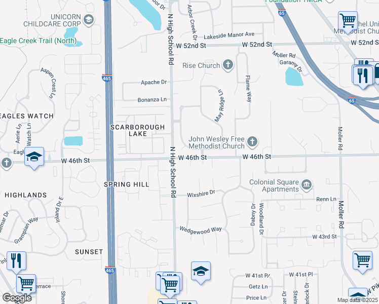map of restaurants, bars, coffee shops, grocery stores, and more near 6131 Tammin Drive in Indianapolis